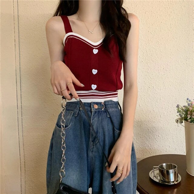 2023 Contrast Color Casual V Neck Knitted Sling Top Women Sexy Short Vest Summer Hottie Love Button Tanks Streetwear Camis