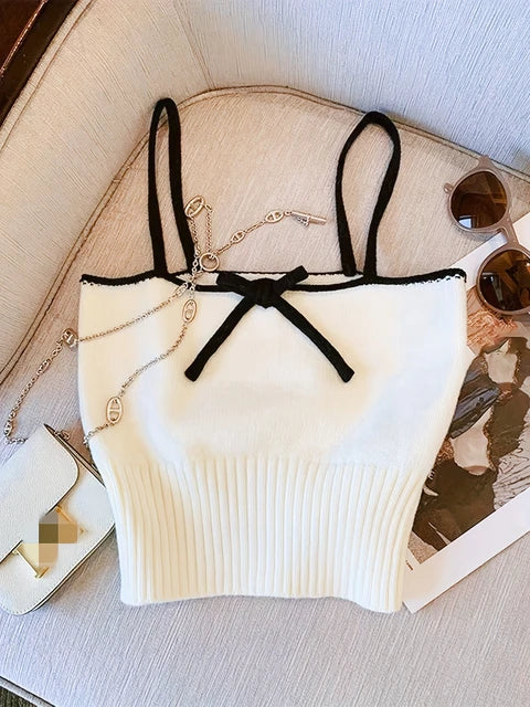 2024 Contrast Trim Spaghetti Strap Top Casual Straight Neck Knit Cami Crop Top Women's Clothing Mini Outfits