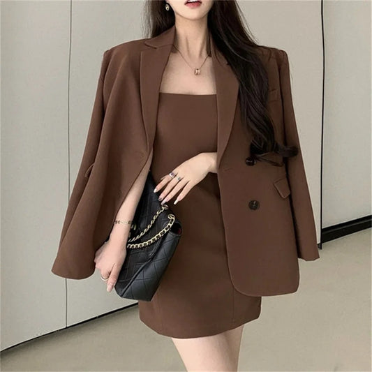 2024 New Women's High-quality Two-piece Fashion Slim Brown Suit Jacket Casual Elegant Overalls Autumn Suspender Mini Dress