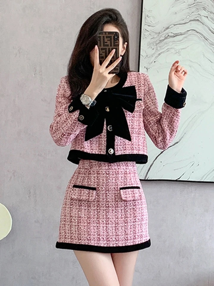 2023 autumn winter Small Fragrance Tweed Two Piece Set Women Short Jacket Coat + Skirt Suits Korean 2 Piece Sets Women Outfit