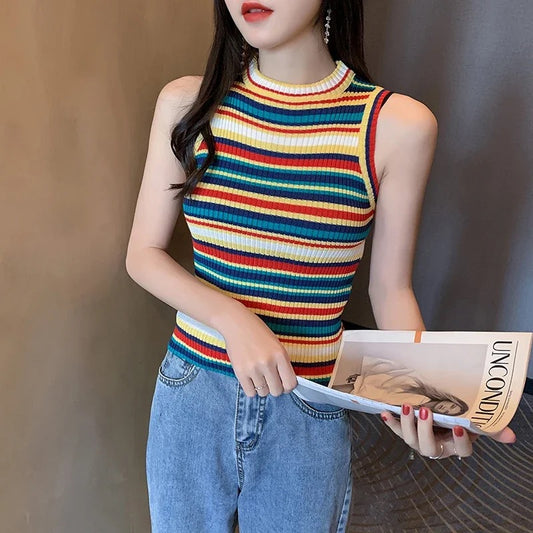 2024 Knit Crop Top Women Sleeveless Y2K Basic T Shirts Casual Summer Off Shoulder Striped O Neck Tank Top Vintage Fashion