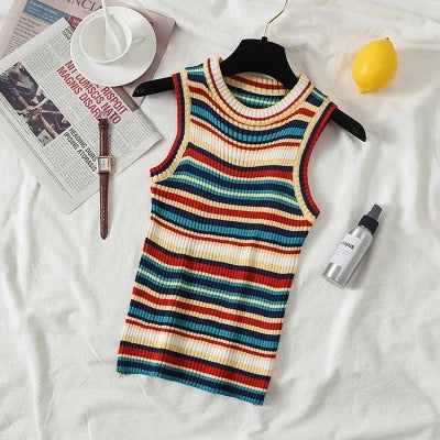 2024 Knit Crop Top Women Sleeveless Y2K Basic T Shirts Casual Summer Off Shoulder Striped O Neck Tank Top Vintage Fashion