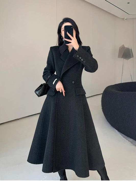 2024 Double-sided Wool Coat Women Autumn-Winter New Solid Color Lapel Lace-up Pockets Mid-length Jacket Slim Outerwear